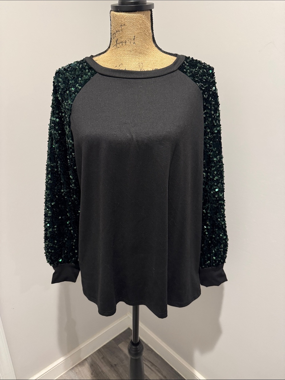 Sew in Love Black Top with Emerald Sequin Sleeves - Women